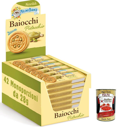 Mulino Bianco Baiocchi, Biscotti Al Pistacchio, Biscuits À La Pistache, Idéal Pour Le Petit Déjeuner Ou La Collation, Sans Huile De Palme, Pacos De 42 Pièces + Italian Gourmet Polpa 400g