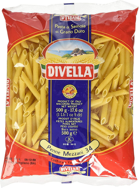 Divella Penne Mezzani N. 34 Lot De 24 Pâtes À La Semoule De Blé Dur 500 G + Boîte Italienne Gourmet Polpa Di Pomodoro 400 G