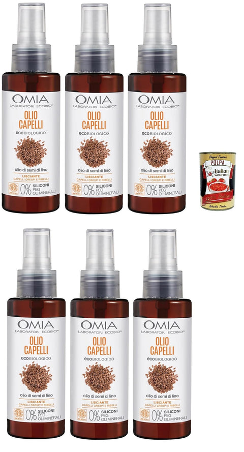 Omia Olio Capelli Eco Bio Con Olio Di Semi Di Lino Huile Capillaire À L'huile De Graines De Lin Pour Cheveux Crépus Et Rebelles Action Lisse Et Disciplinante Sans Silicone 6 X 100 Ml + Italian Gourmet