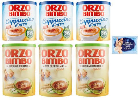 Orzo Bimbo Lot De 6 Paquets De Test Pour Cappuccino Soluble D'orge 150 G + Orzo Bimbo Orzo Bimbo 200 G, Une Alternative Sans Caféine + 1 Sachet De Talc Felce Azzurra Gratuit 100 G