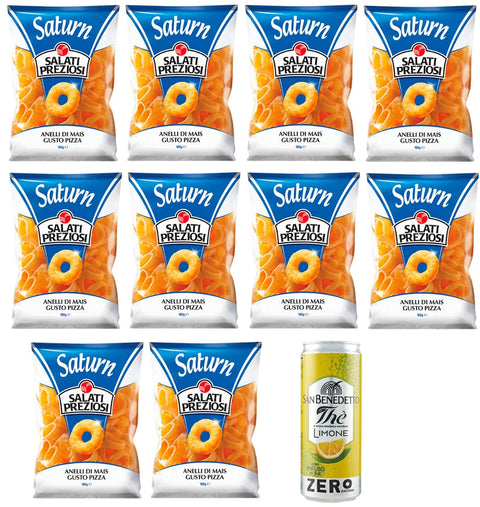 Salati Preziosi Anelli Lot De 10 Chips De Maïs Pour Pizza, Chips De 100 G + 1 Sachet De Thé Glacé San Benedetto Au Citron Sans Sucre 330 Ml