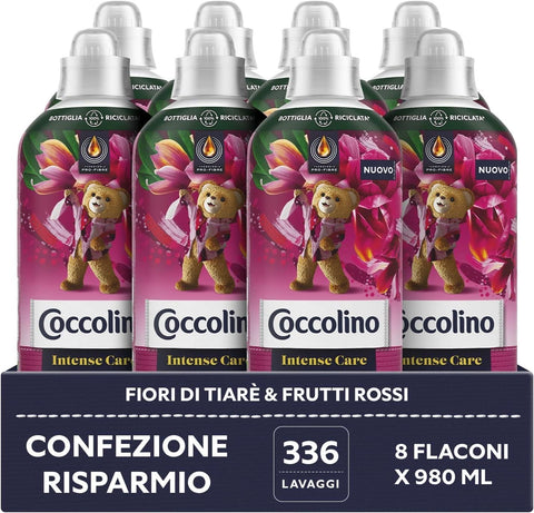 Coccolino Adoucissant Concentré Liquide 8 X 980 Ml, Fleurs De Tiaré Et Fruits Rouges, Pro-Fibres Technology, Jusqu'à 336 Lavages