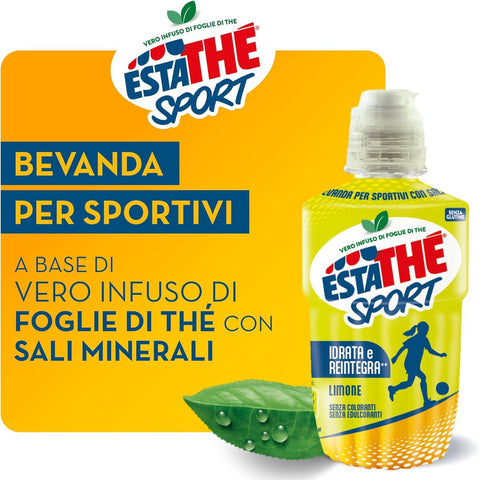 Estathè Sport Limone Boisson rafraîchissante au citron, enrichie en minéraux, avec un bouchon sport pratique pour l'école, le bureau, l'entraînement, le football, le tennis et le fitness. 12 x 250 ml