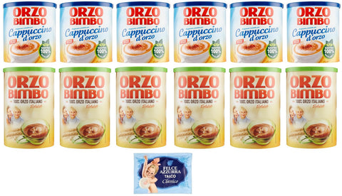 Orzo Bimbo Lot De 12 Paquets De Test Solubles Pour Cappuccino D'orge 150 G + Orzo Bimbo Orzo Bimbo 200 G, Une Alternative Sans Caféine + 1 Sachet De Talc Felce Azzurra Gratuit 100 G