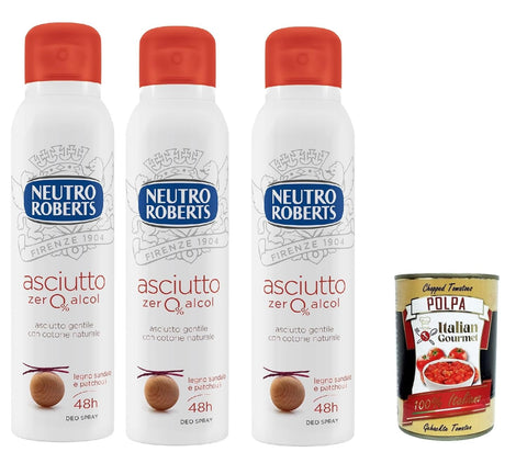 Neutro Roberts Asciutto Lot De 3 Déodorants En Spray Au Bois De Santal Et Au Patchouli - Sans Alcool - Pas De Taches - Pour Homme Et Femme - Testé Dermatologiquement - 3 X 150 Ml - 48h + Italian