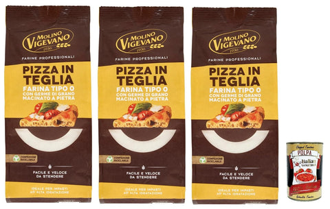 Molino Vigevano Farine Professionali Pizza En Teglia, Type De Farine « 0 » Pour Pizzas Dans La Poêle, Farine Professionnelle 3 X 500 G + Italian Gourmet Polpa 400 G