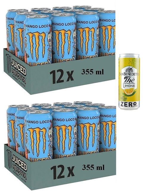 Lot De 24 Boisson Énergisante Rafraîchissante Et Sans Alcool Au Goût Exotique, Boîte Jetable De 355 Ml + 1 Boîte De Thé Glacé San Benedetto Au Citron Sans Sucre, 330 Ml