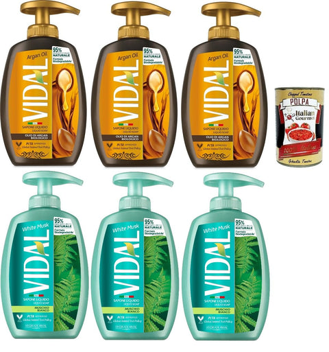 Vidal - Sapone Liquido - Pack Test Olio Di Argan E Muschio Bianco - Savon Liquide, Huile D'argan Et Mousse Blanche - 3 X 300 Ml + Italian Gourmet Polpa 400 G