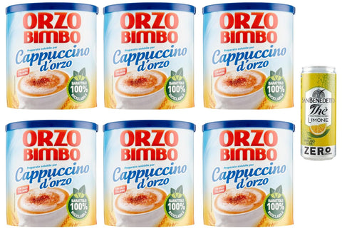 Orzo Bimbo Cappuccino D'orzo Solubile Lot De 6 Cappuccino Solubles À L'orge - Alternative Sans Caféine De 150 G + 1 Boîte De Thé Glacé San Benedetto Au Citron Sans Sucre - 330 Ml