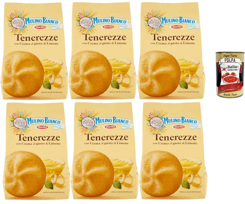 Mulino Bianco Tenerezze, Biscotti Con Crema Al Gusto Di Limone, Biscuits Avec De La Crème Au Citron, Biscuits Cookies, 6x 200g + Italian Gourmet Polpa 400g