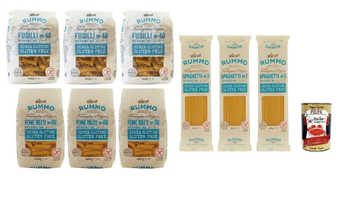 Rummo Test Pack Pasta Gluten Free, Pâtes Sans Gluten, Spaghetti - Fusilli - Penne Rigate, 9x 400g + Italian Gourmet Polpa 40g0