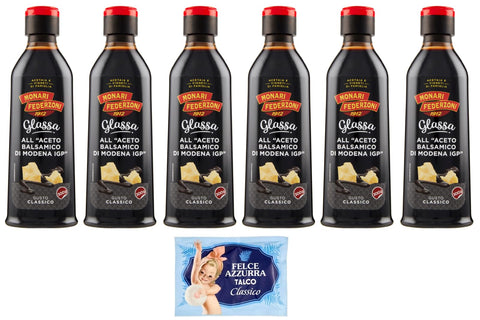 Monari Federzoni Glassa All'aceto Balsamico Di Modena - Lot De 6 Crèmes Glacées Au Vinaigre Balsamique De Modène I.G.P. - 300 G + 1 Sachet De Talc Felce Azzurra Gratuit - Sachet De 100 G