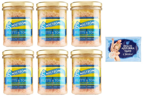Nostromo Filetti Di Tonno All'olio Di Oliva - Lot De 6 Filets De Thon À L'huile D'olive - Verre De 180 G + 1 Sachet De Talc Felce Azzurra - Sachet De 100 G