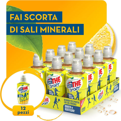 Estathè Sport Limone Boisson rafraîchissante au citron, enrichie en minéraux, avec un bouchon sport pratique pour l'école, le bureau, l'entraînement, le football, le tennis et le fitness. 12 x 250 ml