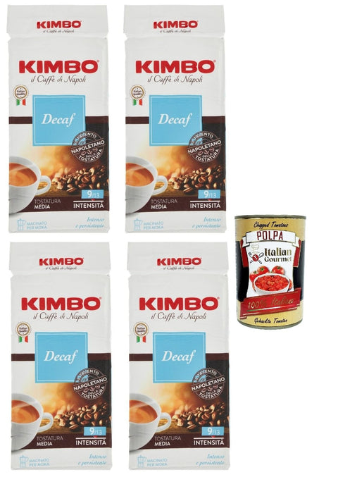 Kimbo Decaf Caffè Decaffeinato Italiano, Caffè Macinato, Café Décaféiné, Italian Café Moulu, Convient Pour Cafetière Moka, Lot De 4x 250 Gr + Italian Gourmet Polpa 400g