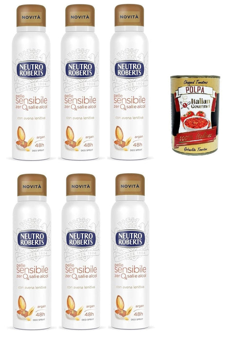 Neutro Roberts Avena Lot De 6 Déodorants En Spray Pour Peaux Sensibles À L'avoine Et À L'argan, Efficace 48 Heures, Sans Sels Ni Alcool, 6 X 150 Ml + Italian Gourmet Polpa 400 G