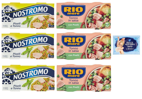 Rio Mare Nostromo Lot De 6 Sachets De Test Pour Thon Et Pois 150 G + 1 Sachet De Poudre De Talc Felce Azzurra 100 G
