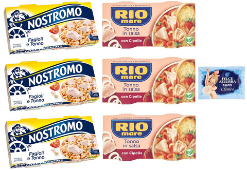 Rio Mare Lot De 6 Paquets De Test Pour Thon Et Oignons + Thon Et Haricots Nostromo 2 X 150 G + 1 Sachet De Talc Felce Azzurra 100 G