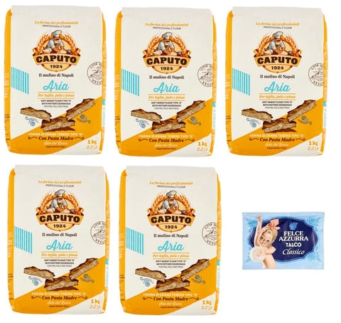 5x Caputo Farina Aria,Farine De Blé Tendre Type 0,Idéal Pour Plaque À Pâtisserie, Pelle Et Pince 1kg + 1 Sachet Offert De 100g De Talc Felce Azzurra