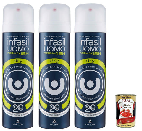 Infasil Derma48h Dry Déodorant En Spray Pour Homme, Excellente Protection Contre L'excès De Transpiration, 3 X 150 Ml + Italian Gourmet Polpa 400 G