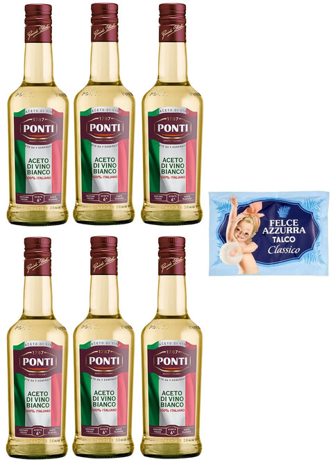 Ponti Lot De 6 Bouteilles De Vinaigre De Vin Blanc Aceto Di Vino Bianco Italiano 100 % Vinaigre Italien 500 Ml + 1 Sachet De Talc Felce Azzurra 100 G