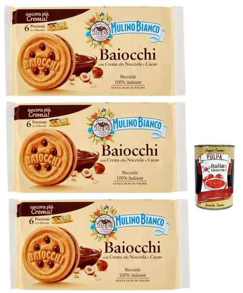 Biscuits Mulino Bianco Baiocchi Avec Crème De Noisettes Et Cacao Pour Le Petit Déjeuner Et Collation Sucrée Pour L'après-Midi 3 X 336 G + Italian Gourmet Polpa 400 G