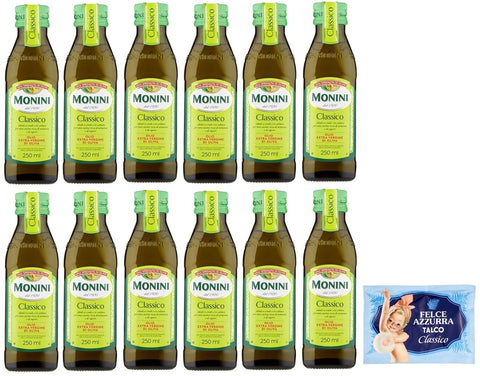 Monini Classico Lot De 12 Bouteilles D'huile D'olive Extra Vierge Extra Vergine D'olive 250 Ml + 1 Sachet De Talc Felce Azzurra 100 G