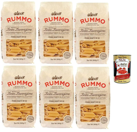 Rummo Penne Rigate N° 66, Durum Pâtes Sémoraires, Italiennes Pasta Italian Noodles 6x 500 G Pack + Italian Gourmet Polpa Di Pomodoro 400 G