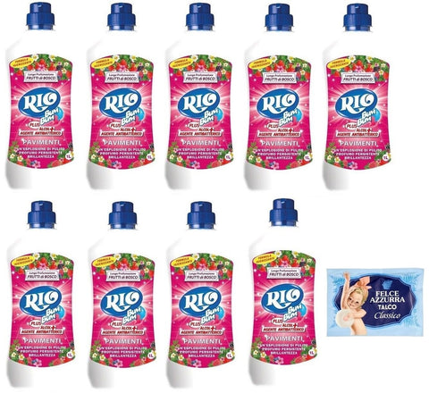 Rio Bum Pavimenti Lot De 9 Nettoyants Pour Sols Avec Alcool, Parfum Baies Des Forêts, 1 L + 1 Paquet De Talc Felce Azzurra Gratuit, Sachet De 100 G