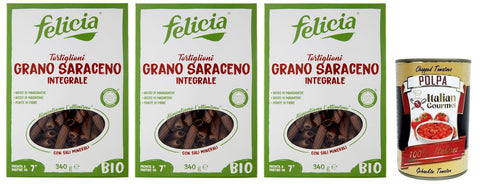 Felicia Tortiglioni Di Grano Saraceno Integrale Lot De 3 Pâtes Avec Sarrasin 100 % Bio, Sans Gluten, Paquet De 340 G + Boîte De 400 G