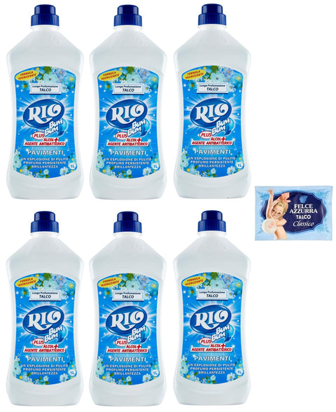 Rio Bum Bum Pavimenti Talco Lot De 6 Nettoyants Pour Sols Avec Alcool, Parfum Talc, 1 L + 1 Sachet De Talc Felce Azzurra Gratuit, Sachet De 100 G