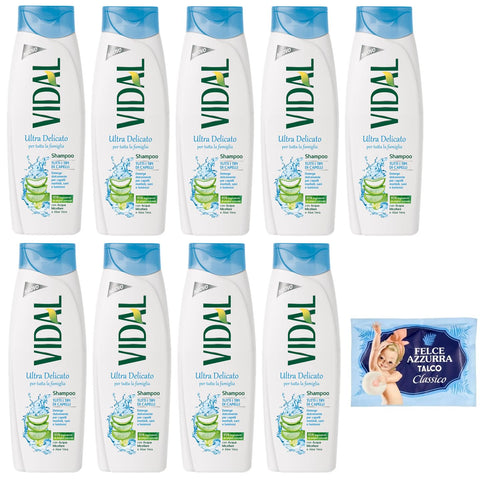 Vidal Lot De 9 Shampoings Ultra Delicato Tutti I Tipi Di Capelli Pour Tous Les Types De Cheveux, 250 Ml + 1 Flacon De Talc Felce Azzurra Gratuit, Sachet De 100 G