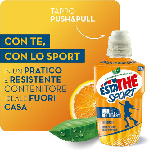 Estathè Sport Boisson sportive au thé à l'orange 12 x 250 ml – Boisson rafraîchissante à l'orange avec des minéraux et un bouchon sport pratique pour l'école, le bureau, l'entraînement, le football, le tennis et le fitness.