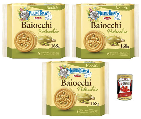 Mulino Bianco Baiocchi, Biscotti Al Pistacchio, Biscuits À La Pistache, Idéal Pour Le Petit Déjeuner Ou La Collation, Sans Huile De Palme, 3x 168g + Italian Gourmet Polpa 400g
