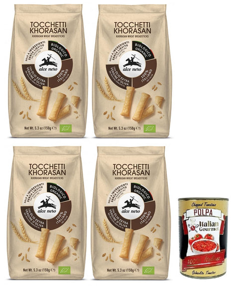 Alce Nero Tocchetti Lot De 4 Bâtonnets À Pain Avec Blé Khorasan Bio Et Huile D'olive Extra Vierge, Paquet De 150 G + Boîte Italienne Gourmet Polpa Di Pomodoro 400 G
