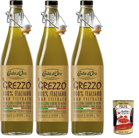 Costa D'oro Il Grezzo Olio Extra Vergione Di Oliva Huile D'olive Extra Vierge Non Filtrée Et Pressée À Froid 3 X 1 L + Polpa Italian Gourmet 400 G