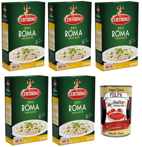 Curtiriso Riso Roma Lot De 5 Boîtes De Riz 100 % Italien, Idéal Pour Les Risottos Mous, Riz Avec Sauce Et Timbales Temps De Cuisson 16 Minutes, Paquet De 1 Kg + Boîte Italienne Gourmet Polpa Di