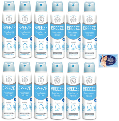 12 X Breeze Déodorant Spray Fraîcheur Talcata Minerals, Zéro Taches Sur La Peau, 0 % Sels D'aluminium 150 Ml + 1 Enveloppe De Talc Fougère Bleue Offerte De 100 G