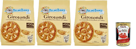 Mulino Bianco Girotondi, Biscotti Con Granelli Di Zucchero Di Canna, Biscuits Saupoudrés De Sucre Brun, 3x 800g + Italian Gourmet Polpa 400g