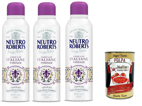Neutro Roberts Firenze Déodorant En Spray Sans Sels D'aluminium, Zéro Tâches, À L'huile Essentielle D'iris Et D'ambre Grise, Avec Huile De Glycérine Pure, 48h, 3 X 200 Ml + Italian Gourmet Polpa 400 G