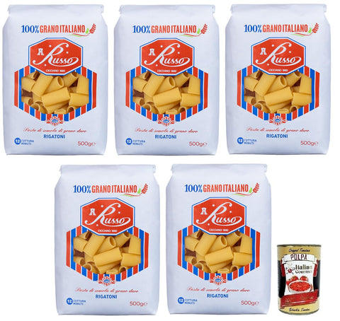 Russo Rigatoni N°126 Lot De 5 Pâtes À Semoule De Blé Dur 100 % Blé Italien 500 G + Boîte De 400 G