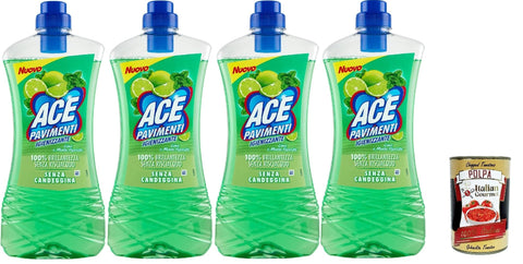 Ace Pavimenti Lot De 4 Nettoyants Pour Sols Hygiéniques Citron Vert Et Menthe Poivrée, Sans Javel, Nettoie En Profondeur Et Fait Briller Les Sols, 4 X 1 L + Italian Gourmet Polpa 400 G