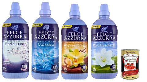 Felce Azzurra Pack De Test D'amorbidente, Classico, Ambra Ed Argan, Fiori Di Luna, Pura Freschezza, Adoucissant Concentré Parfumé, 45 Lavages, 3 X 900 Ml + Polpa Italien Gourmet 400 G