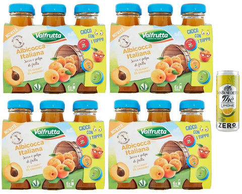 Valfrutta Succhi Di Frutta Albicocca Lot De 24 Jus De Fruits Avec Abricots Italiens, Boisson Sans Alcool, 125 Ml + 1 Boîte De Thé Glacé San Benedetto Au Citron Sans Sucre 330 Ml
