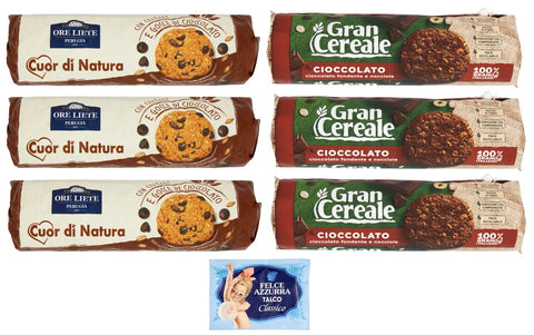 Biscotti Cereali Cioccolato Ore Liete Lot De 6 Sachets De Test Biscotti Cereale 250 G + Gran Cereale 230 G Biscuits Aux Céréales Et Au Chocolat Emballé Dans Un Tube + 1 Paquet De Talc Felce Azzurra