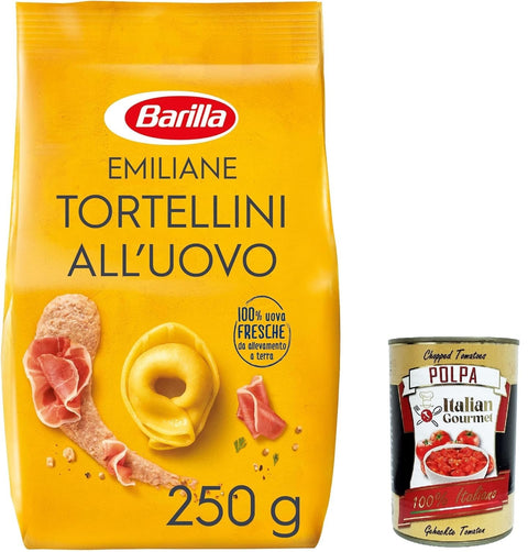 Barilla Pasta All' Uovo Le Emiliane Tortellini Con Prosciutto Crudo, Nouilles Aux Œufs, Pâtes À L'œuf 250 G + Polpa Italien Gourmet 400 G