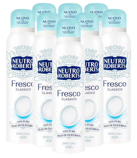 Neutro Roberts Déodorant Spray Frais Bleu Classique 48h Sans Sels D'aluminium Pour Un Transport Naturel De La Peau, Formule Sans Poussière Qui Ne Tache Pas Les Vêtements - 8 Flacons De 150