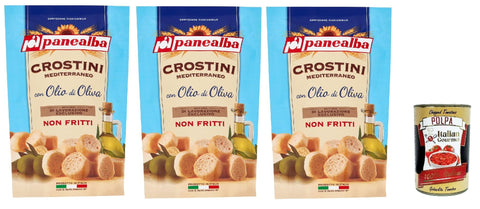Panealba Crostini Mediterraneo Con Olio Di Oliva Croûtons Salés À L'huile D'olive, Collation Non Frites, 3 X 100 G, Avec Polpa Italien Gourmet 400 G