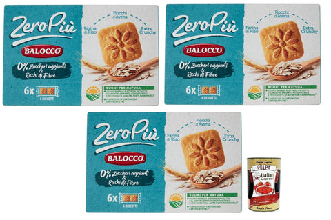 Balocco Zero Più Biscotti Lot De 3 Biscuits Sans Sucre Ajouté, Farine De Riz, Flocons D'avoine Et Crunchy, Paquet De 230 G + Boîte Italienne Gourmet Polpa Di Pomodoro 400 G