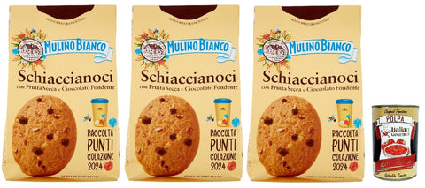 Mulino Bianco Schiaccianoci Biscotti Con Frutta Secca E Cioccolato Fondente, Biscuits Aux Fruits Secs Et Chocolat Noir, Biscuits 3 X 300 G + Italian Gourmet Polpa 400 G